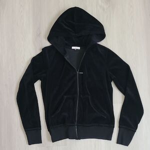 Black Velvet Velour Tracksuit Hooded Jacket Size Large Y2K Hoodie Soft Full Zip